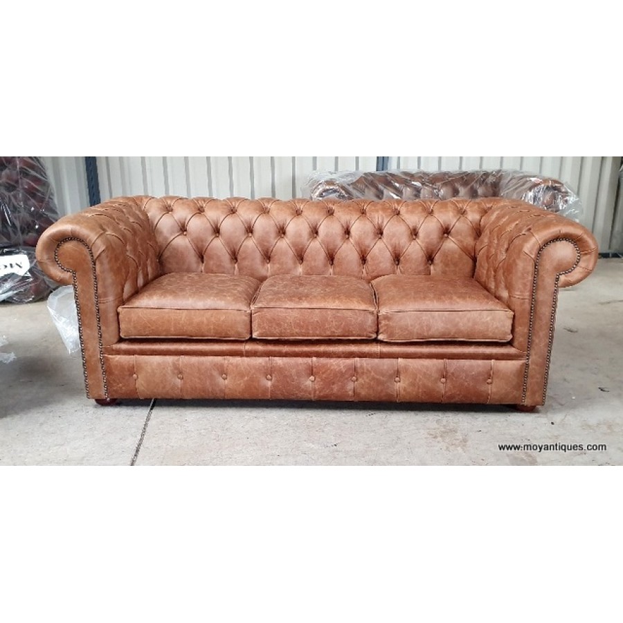 Chesterfield Sofa x 2 Cracked Tan Moy Antiques