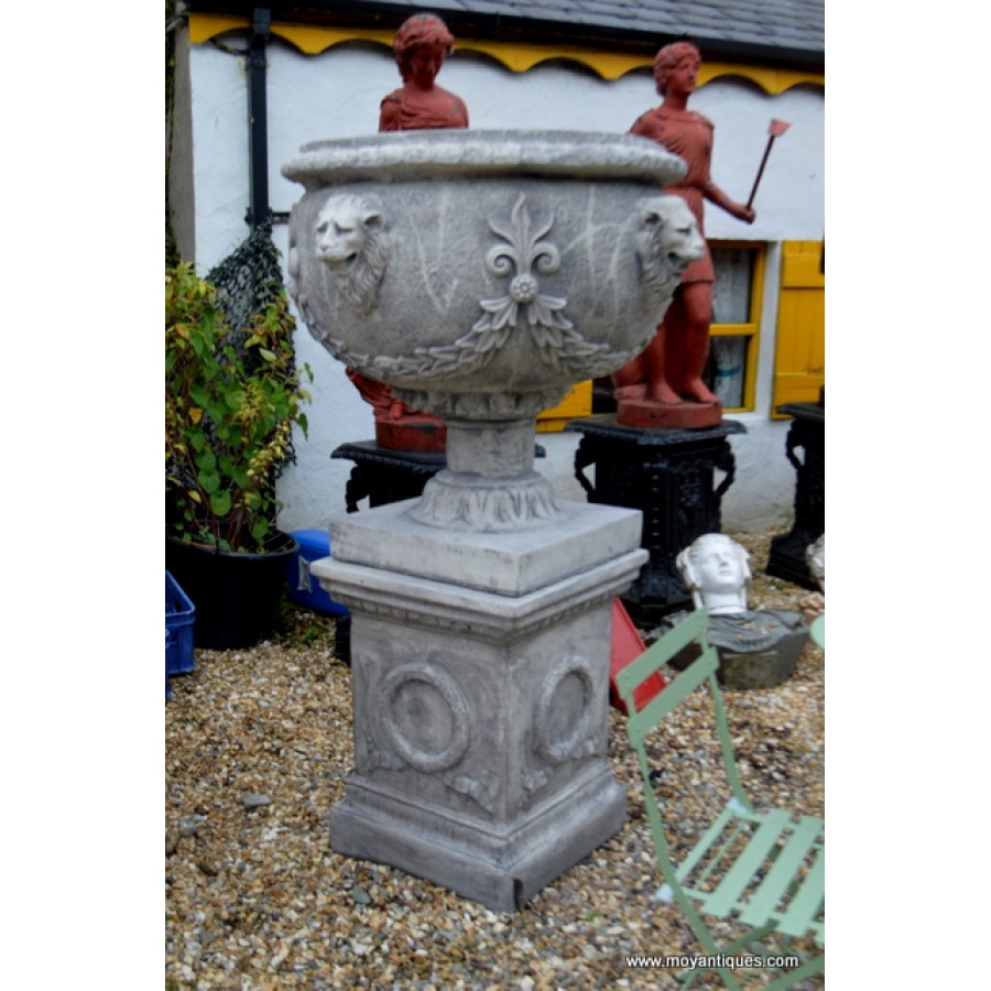 Lion Mask Urn With Plinth